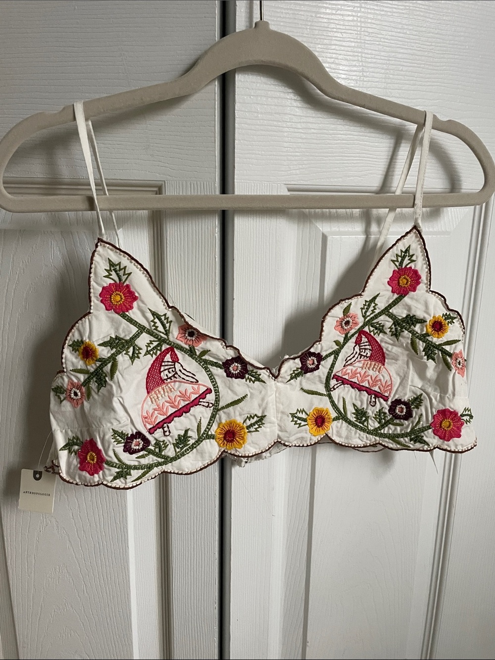 Anthropologie White Embroidered Floral Bralette with Pink & Yellow Accents